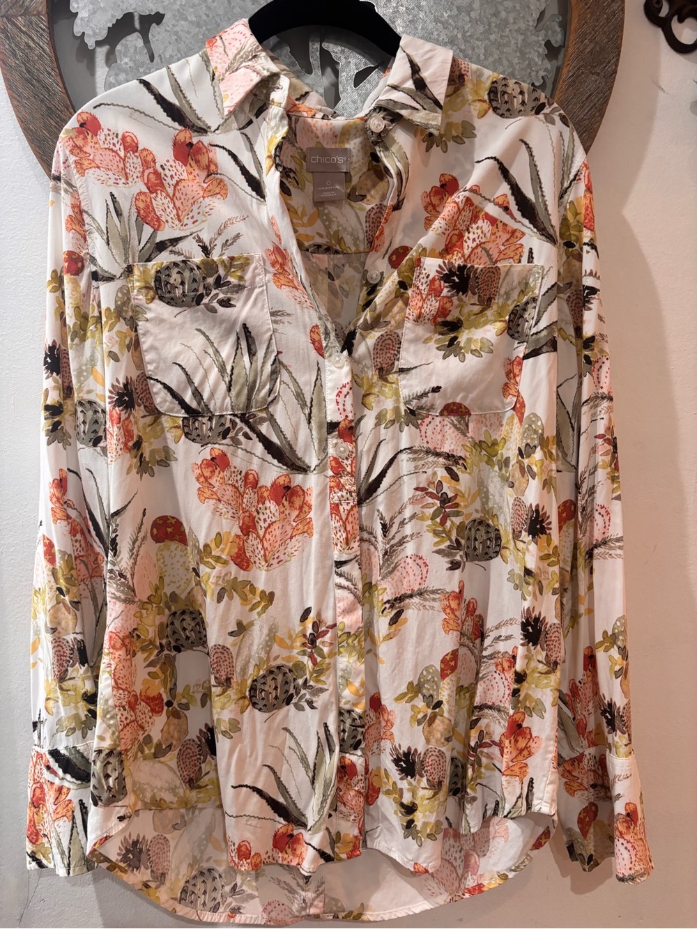 Chico's White Floral Button-Down Shirt with Orange and Olive Accents